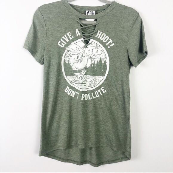 WOODSY OWL | Give a Hoot Don’t Pollute Tee Green Lace Up Front S - Picture 1 of 6
